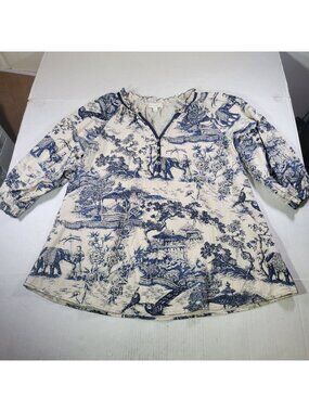Weekend By Suzanne Betro Cotton Blue/White Long Sleeve Toile Tunic Top Size L